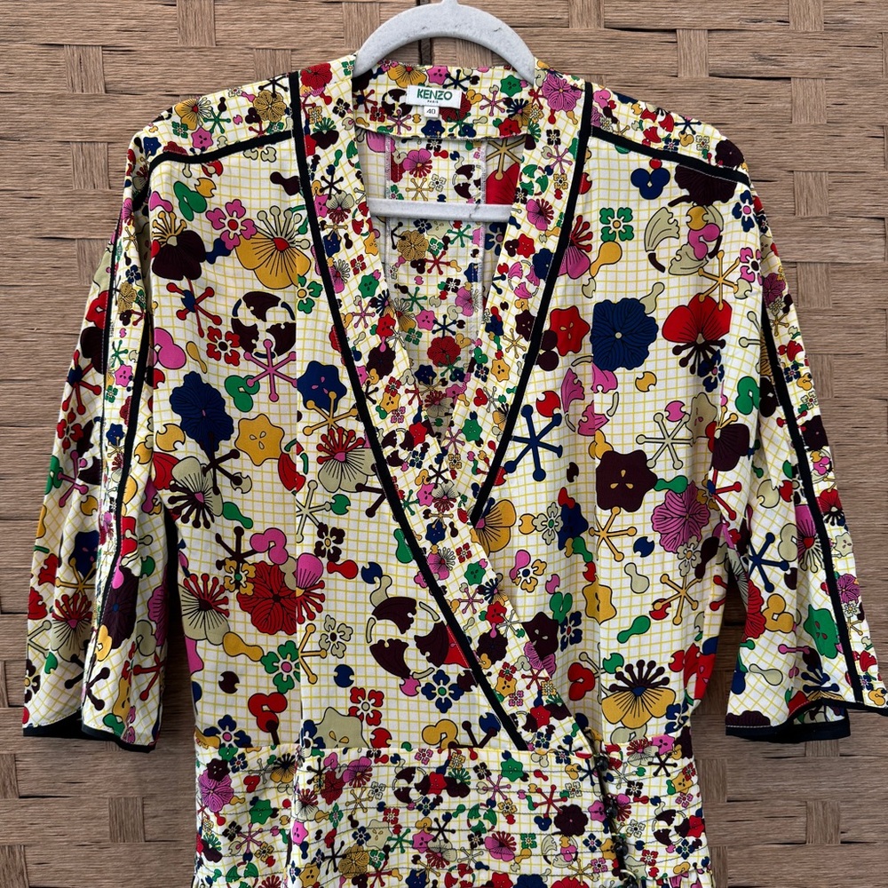 KENZO Graphic Floral Wrap Mini Dress (Size 40)